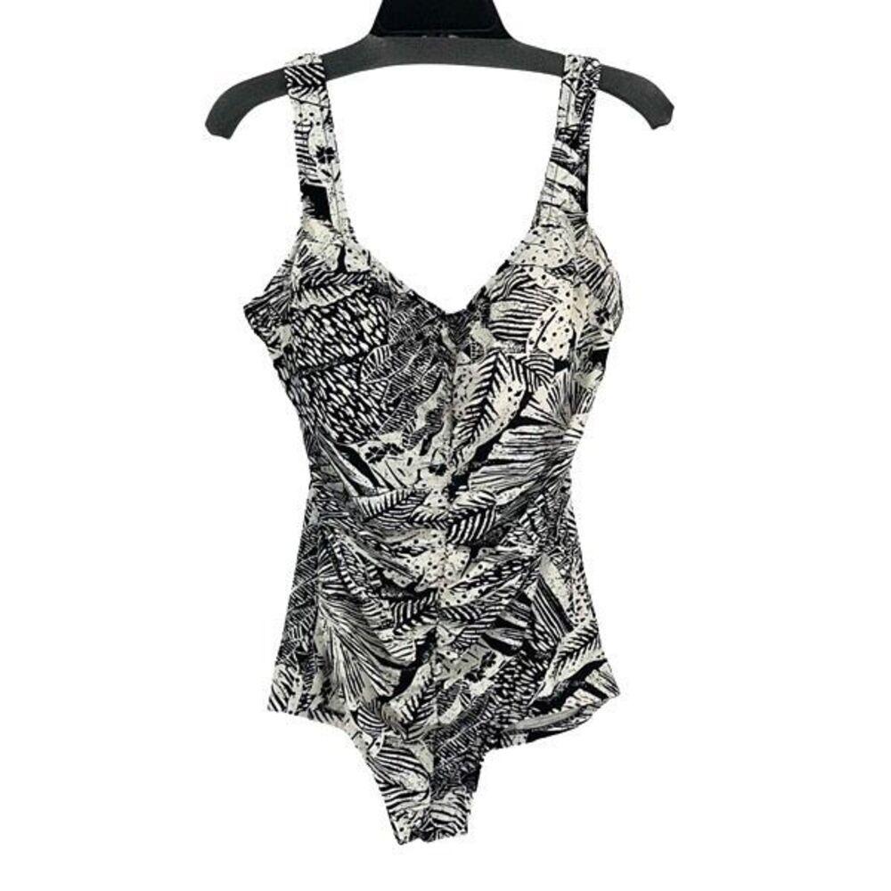 Azul Womens Tropical Ruched Front One Piece Swimsuit Black White Size 18‎